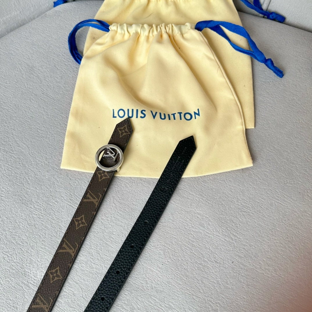 LV Circle 20mm Reversible Belt Silver Buckle Black Brown Leather - 30