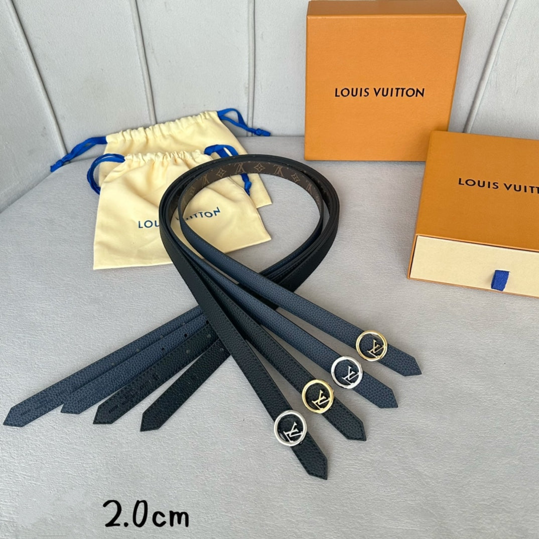 LV Circle 20mm Reversible Belt Silver Buckle Black Brown Leather - 30
