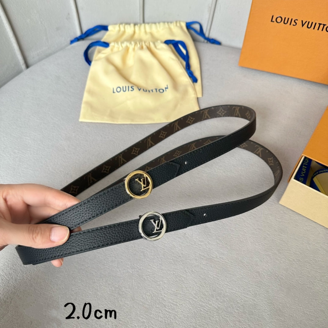 LV Circle 20mm Reversible Belt Silver Buckle Black Brown Leather - 30