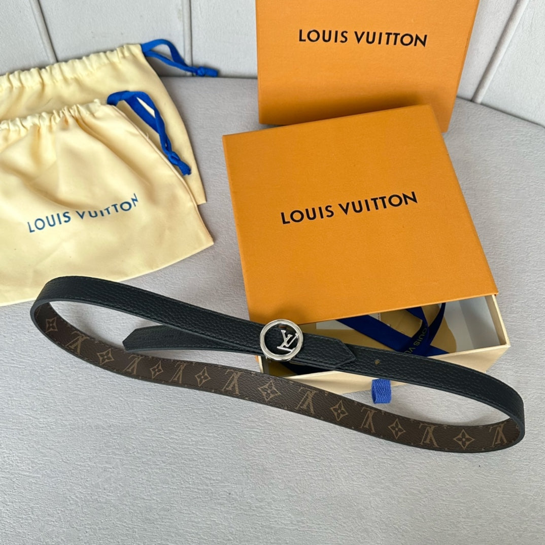 LV Circle 20mm Reversible Belt Silver Buckle Black Brown Leather - 30
