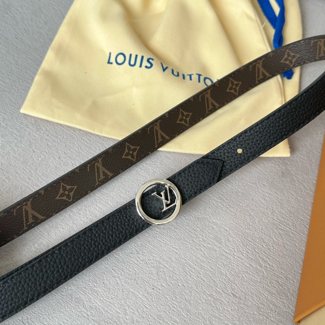 LV Circle 20mm Reversible Belt Silver Buckle Black Brown Leather - 30