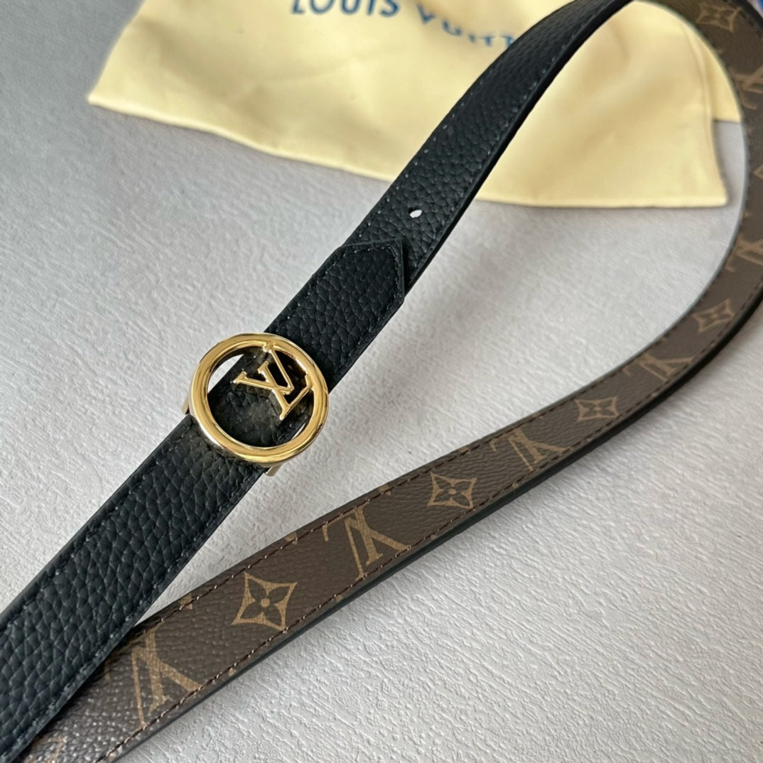 LV Circle 20mm Reversible Belt Gold Buckle Black Brown Leather - 30
