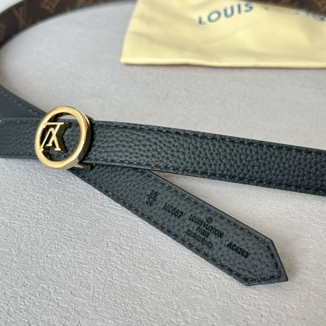 LV Circle 20mm Reversible Belt Gold Buckle Black Brown Leather - 30