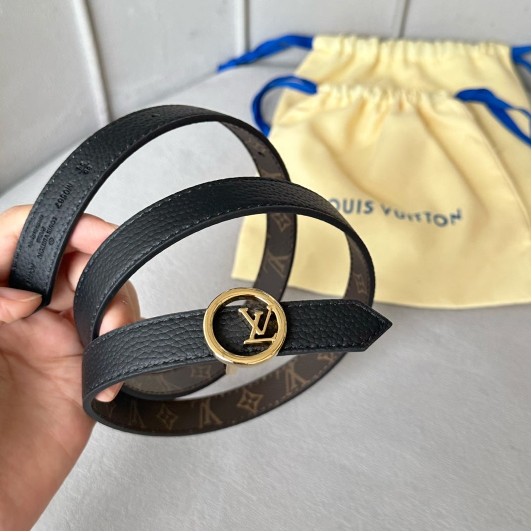 LV Circle 20mm Reversible Belt Gold Buckle Black Brown Leather - 30