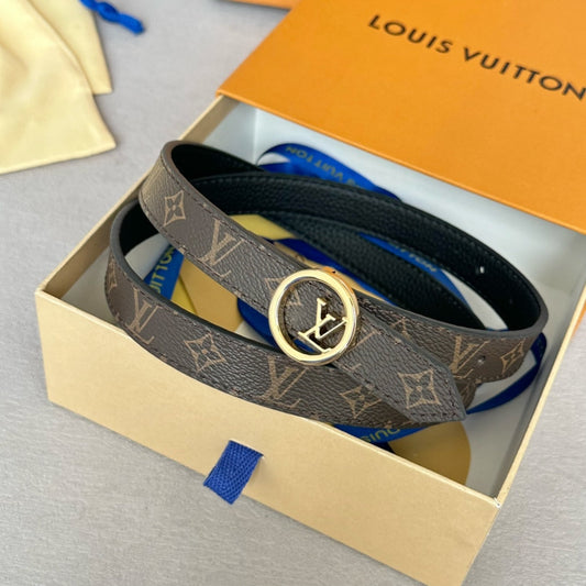 LV Circle 20mm Reversible Belt Gold Buckle Black Brown Leather - 30