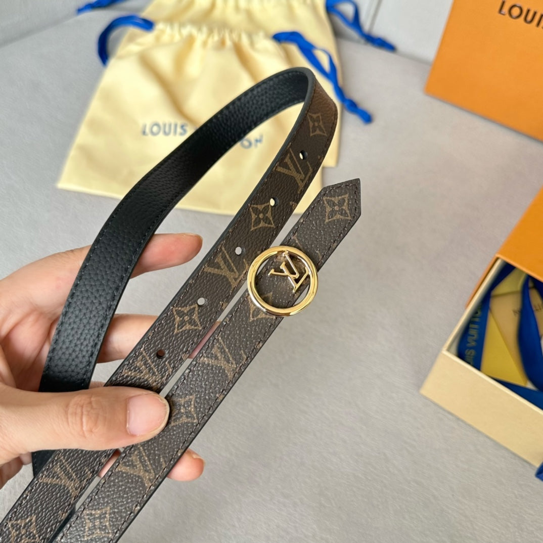 LV Circle 20mm Reversible Belt Gold Buckle Black Brown Leather - 30