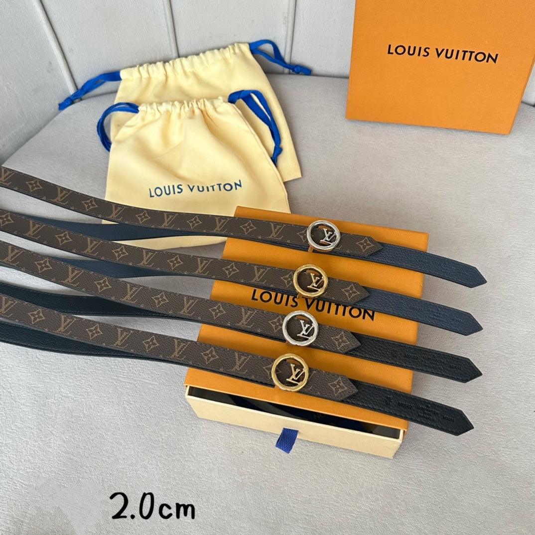 LV Circle 20mm Reversible Belt Gold Buckle Black Brown Leather - 30