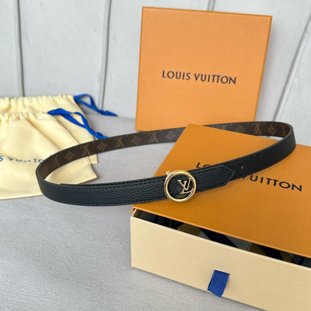 LV Circle 20mm Reversible Belt Gold Buckle Black Brown Leather - 30