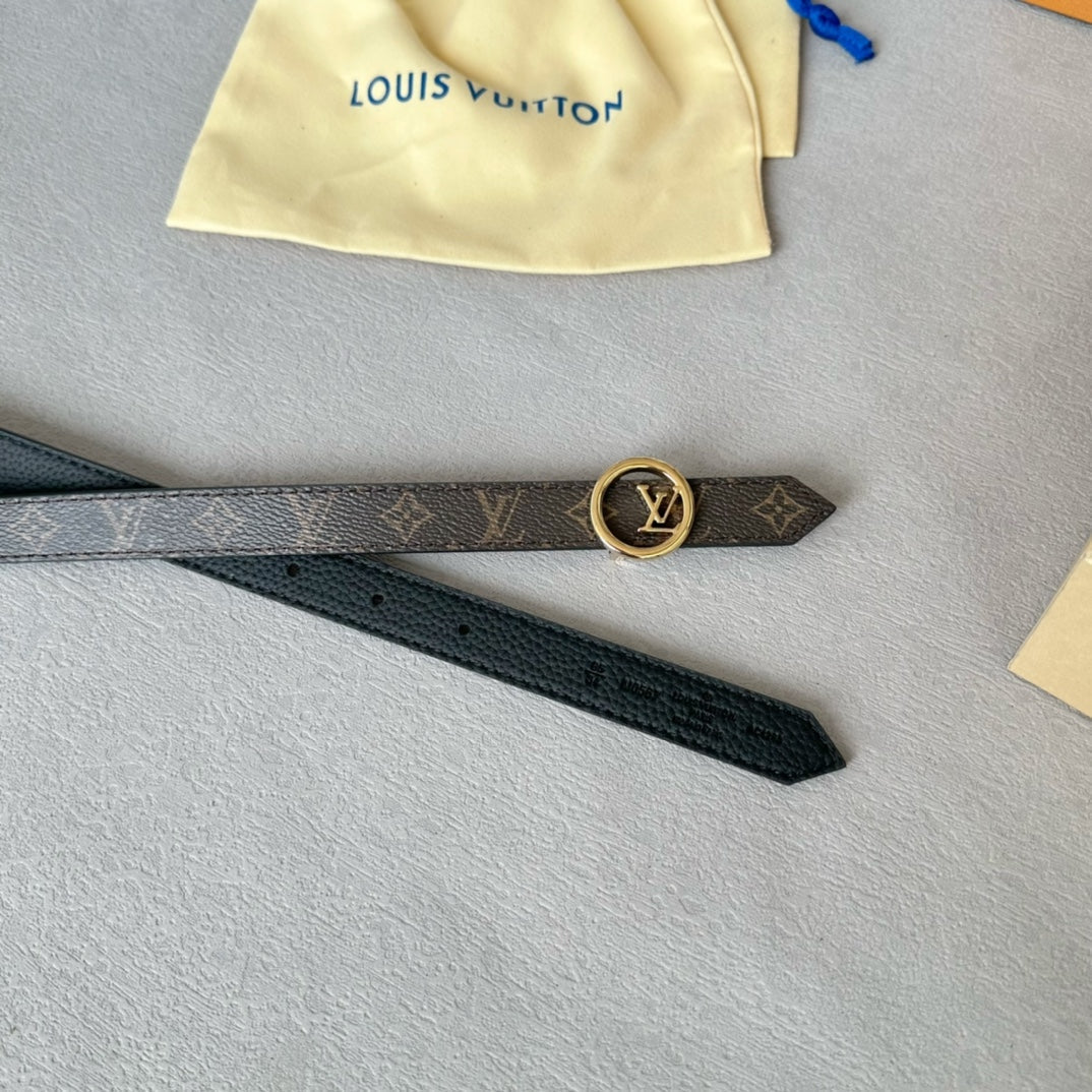 LV Circle 20mm Reversible Belt Gold Buckle Black Brown Leather - 30