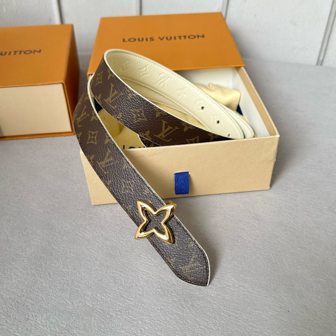 LV  MINI FLOWERGRAM 30MM REVERSIBLE BELT IN WHITE EMBOSSED CALFSKIN GOLD HARDWARE - 30