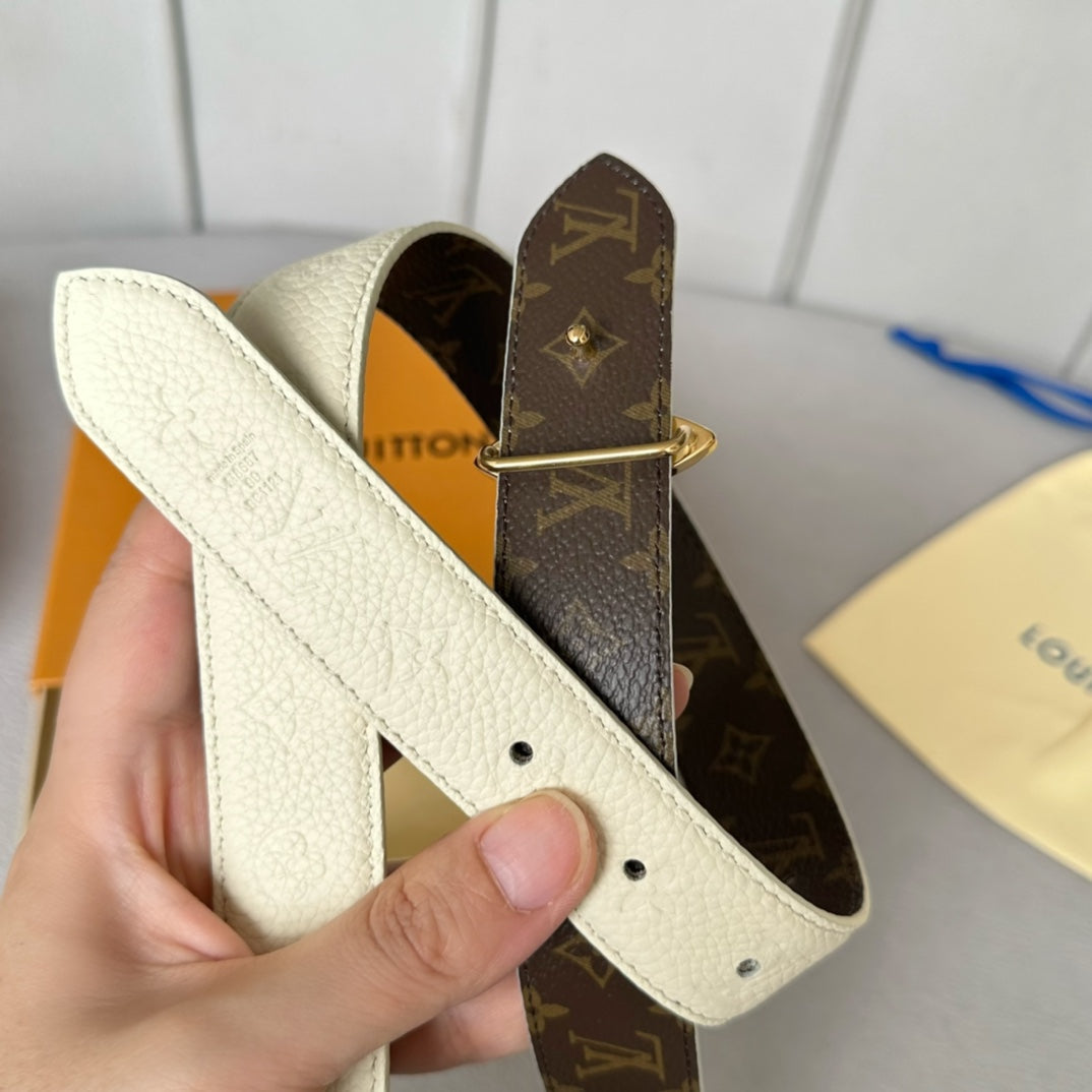 LV  MINI FLOWERGRAM 30MM REVERSIBLE BELT IN WHITE EMBOSSED CALFSKIN GOLD HARDWARE - 30
