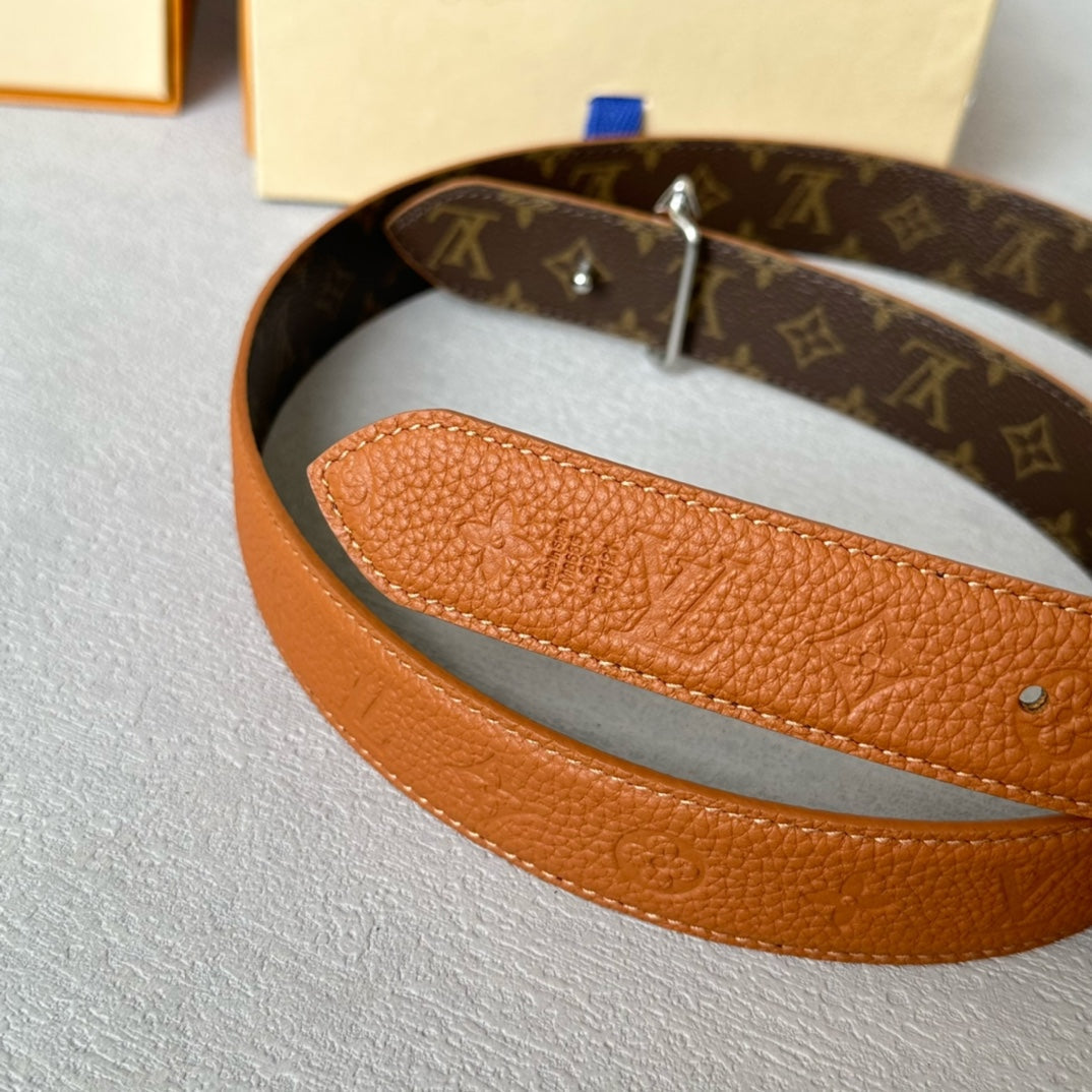 LV  MINI FLOWERGRAM 30MM REVERSIBLE BELT IN BRONZE BROWN EMBOSSED CALFSKIN SILVER HARDWARE - 30
