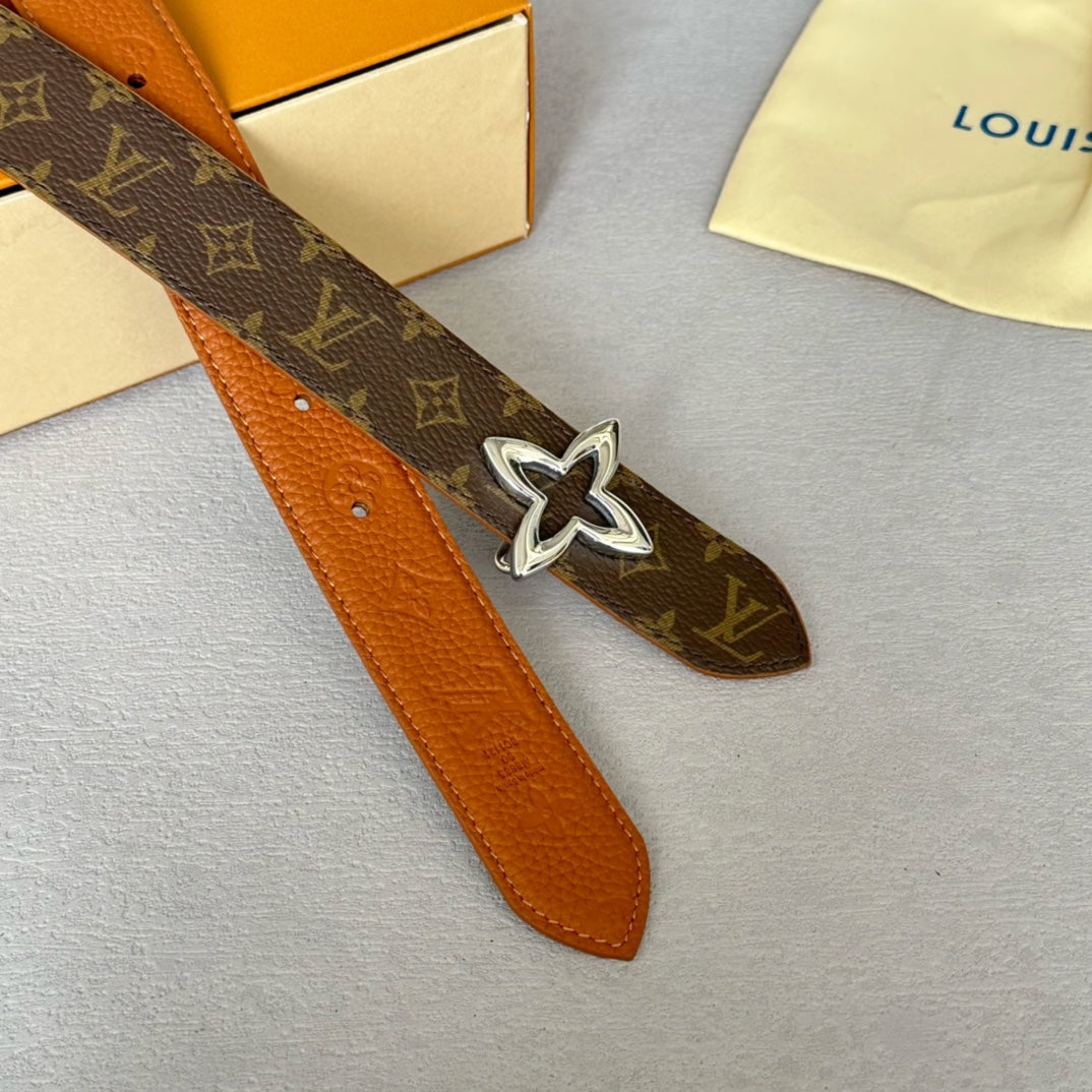 LV  MINI FLOWERGRAM 30MM REVERSIBLE BELT IN BRONZE BROWN EMBOSSED CALFSKIN SILVER HARDWARE - 30