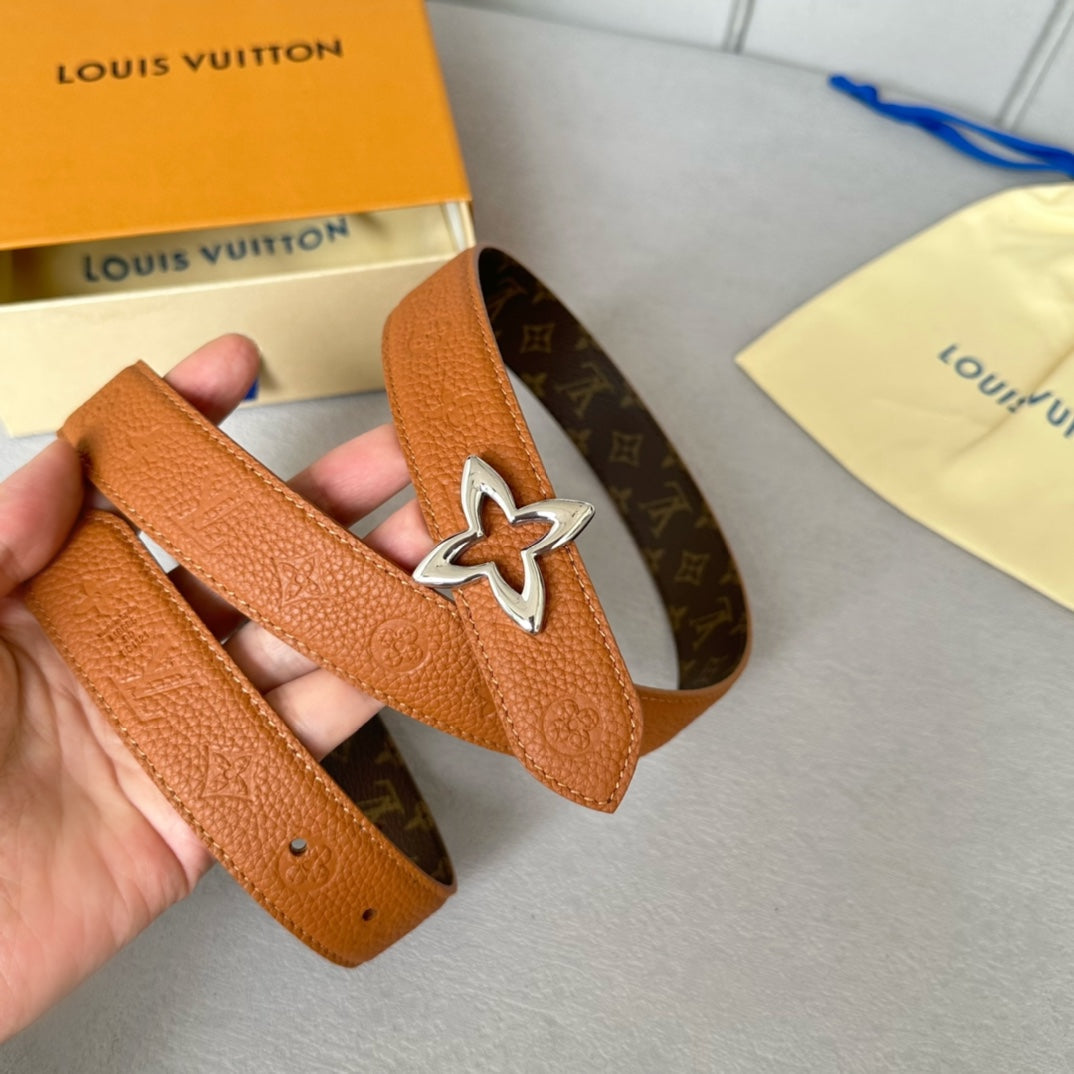 LV  MINI FLOWERGRAM 30MM REVERSIBLE BELT IN BRONZE BROWN EMBOSSED CALFSKIN SILVER HARDWARE - 30