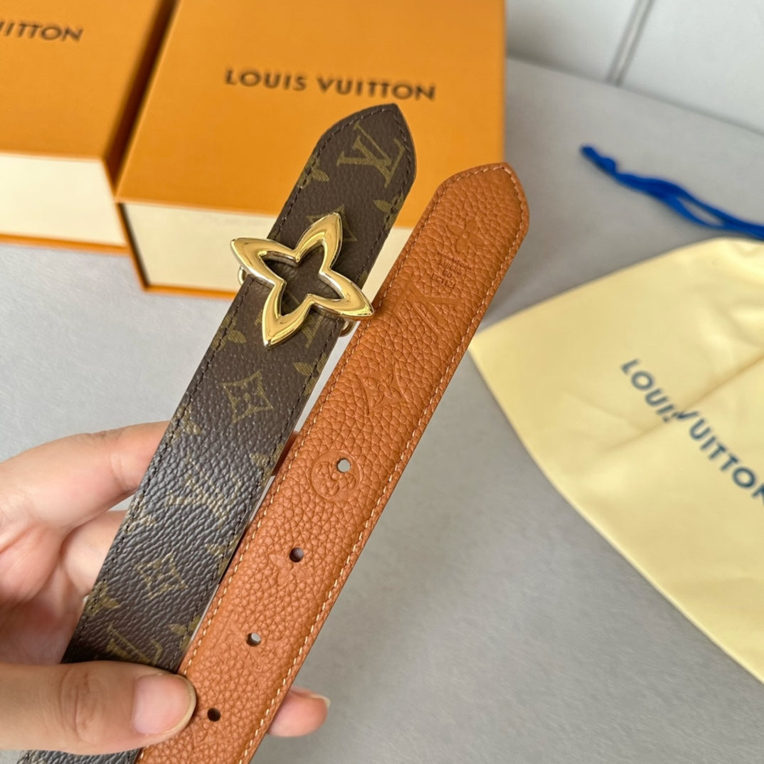 LV  MINI FLOWERGRAM 30MM REVERSIBLE BELT IN BRONZE BROWN EMBOSSED CALFSKIN GOLD HARDWARE - 30