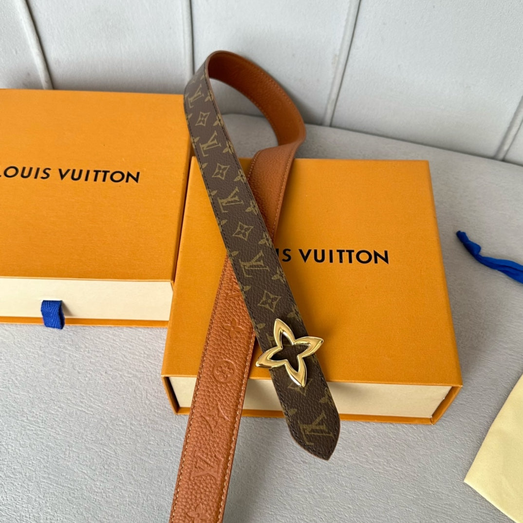 LV  MINI FLOWERGRAM 30MM REVERSIBLE BELT IN BRONZE BROWN EMBOSSED CALFSKIN GOLD HARDWARE - 30