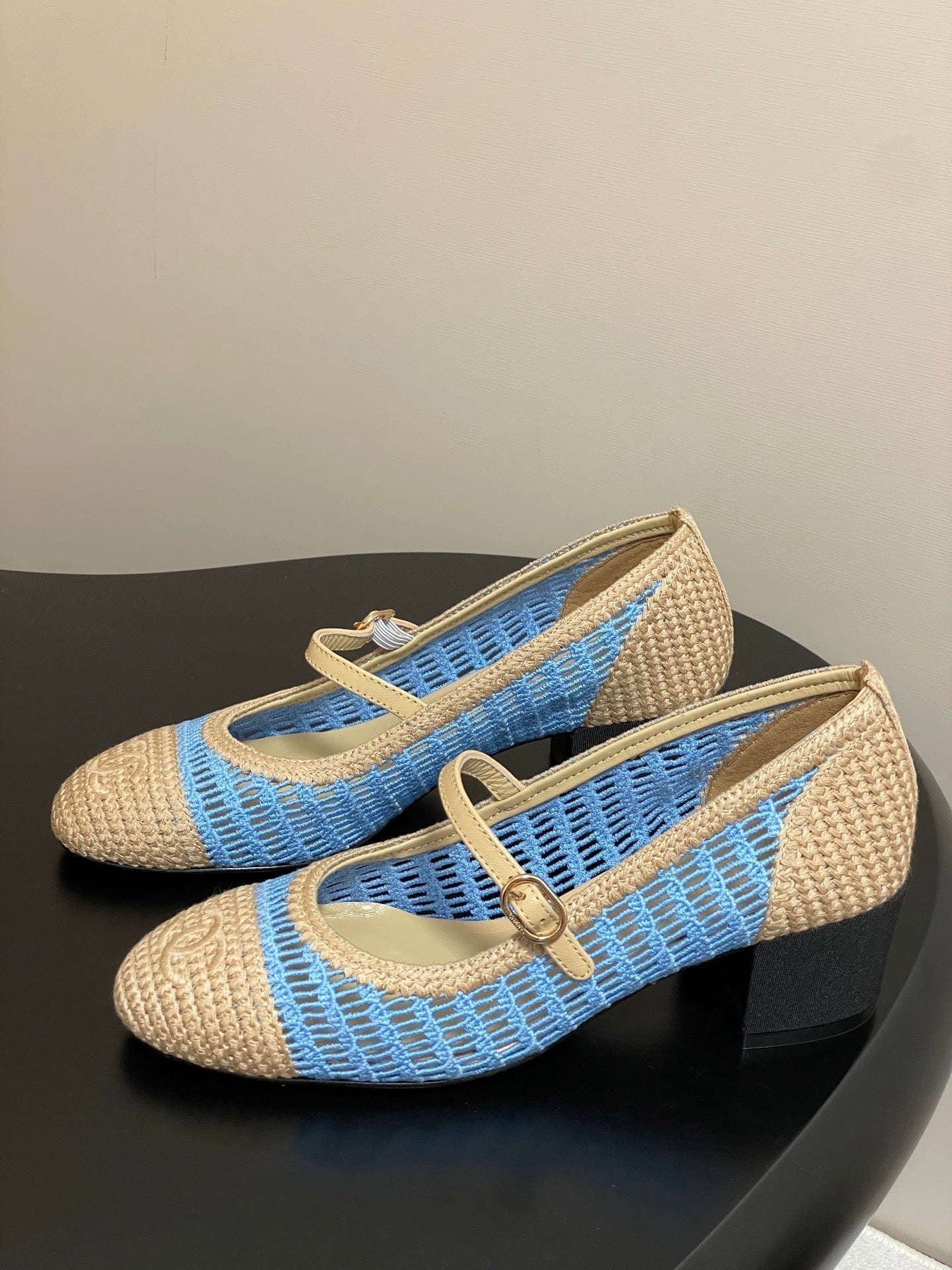 HIGH BALLET MARY JANE 50MM IN NATURAL BEIGE AND BLUE RAFFIA - 34