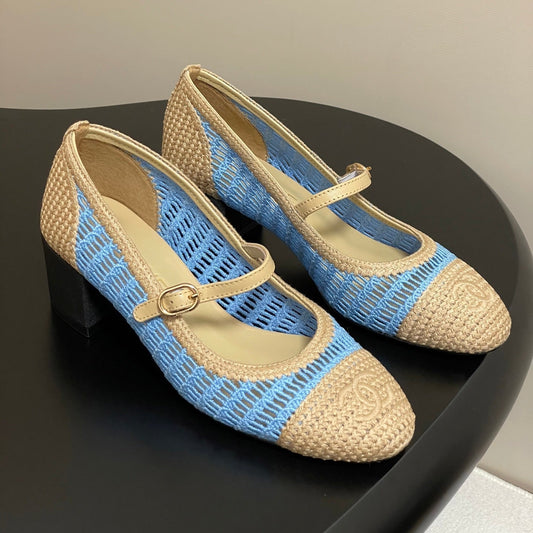 HIGH BALLET MARY JANE 50MM IN NATURAL BEIGE AND BLUE RAFFIA - 34