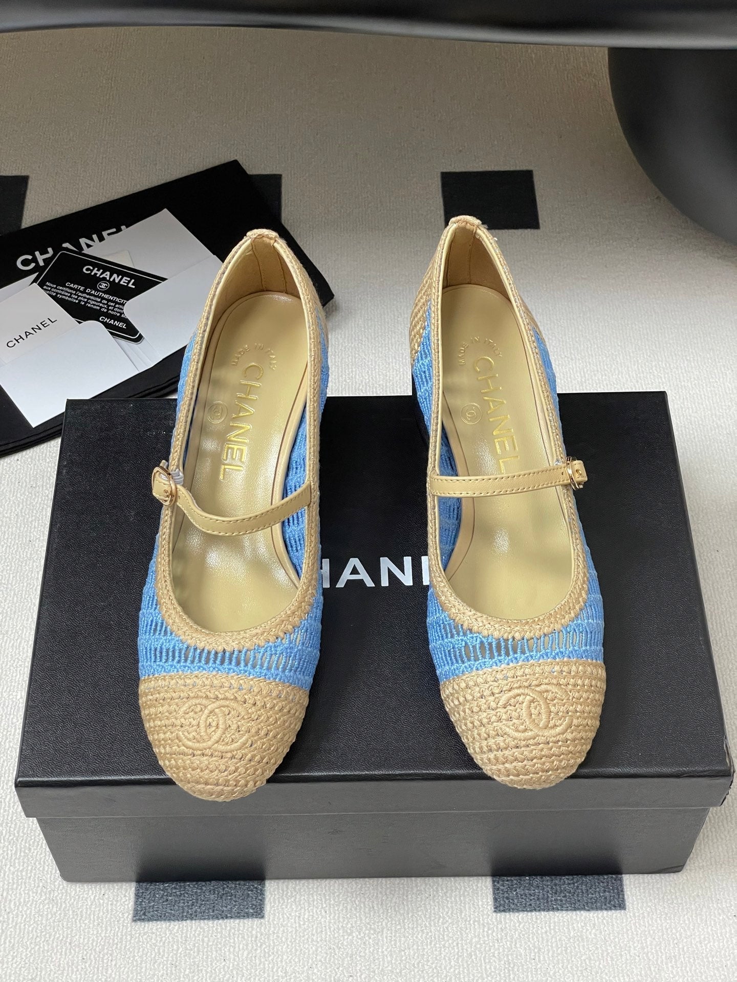 HIGH BALLET MARY JANE 50MM IN NATURAL BEIGE AND BLUE RAFFIA - 34