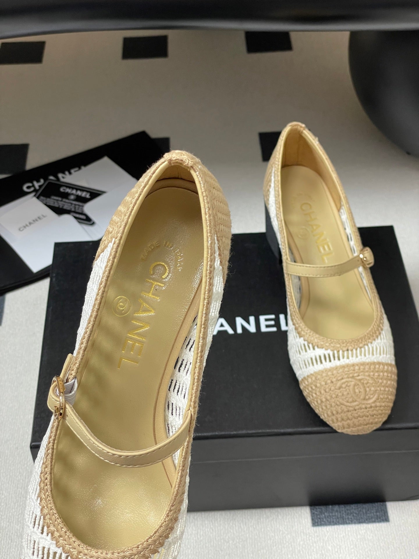 HIGH BALLET MARY JANE 50MM IN NATURAL BEIGE AND WHITE RAFFIA - 34