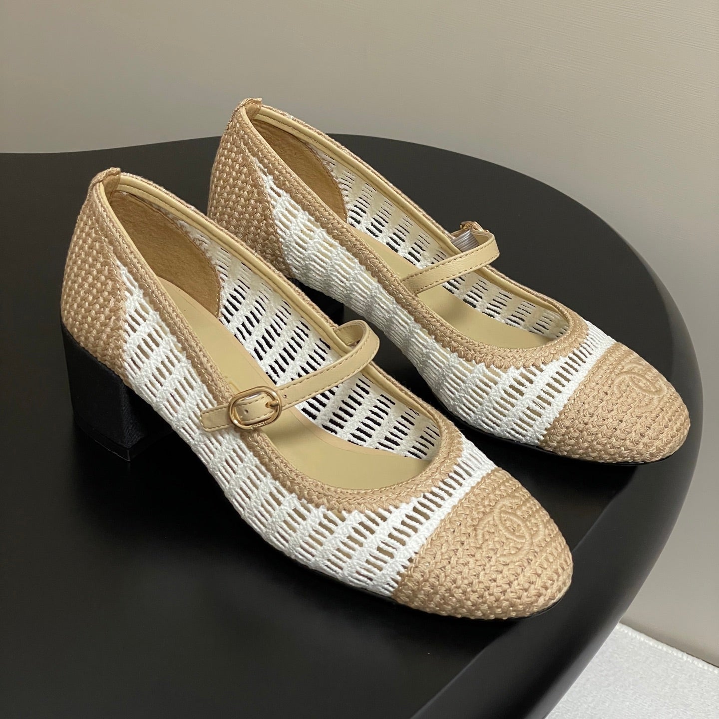 HIGH BALLET MARY JANE 50MM IN NATURAL BEIGE AND WHITE RAFFIA - 34