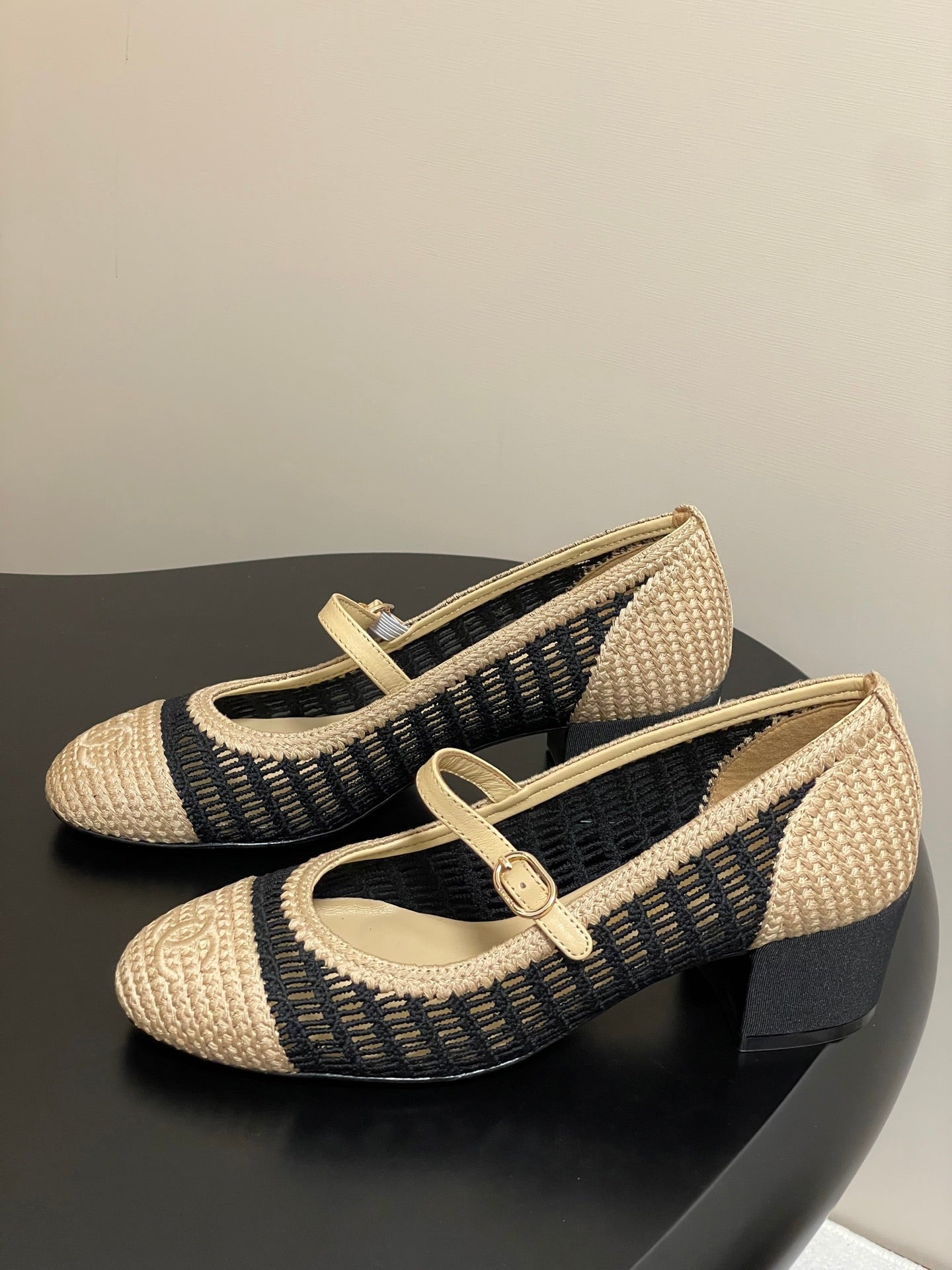 HIGH BALLET MARY JANE 50MM IN NATURAL BEIGE AND BLACK RAFFIA - 34