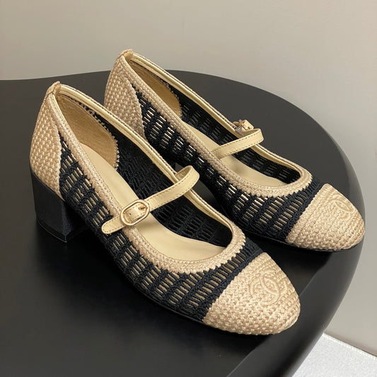 HIGH BALLET MARY JANE 50MM IN NATURAL BEIGE AND BLACK RAFFIA - 34