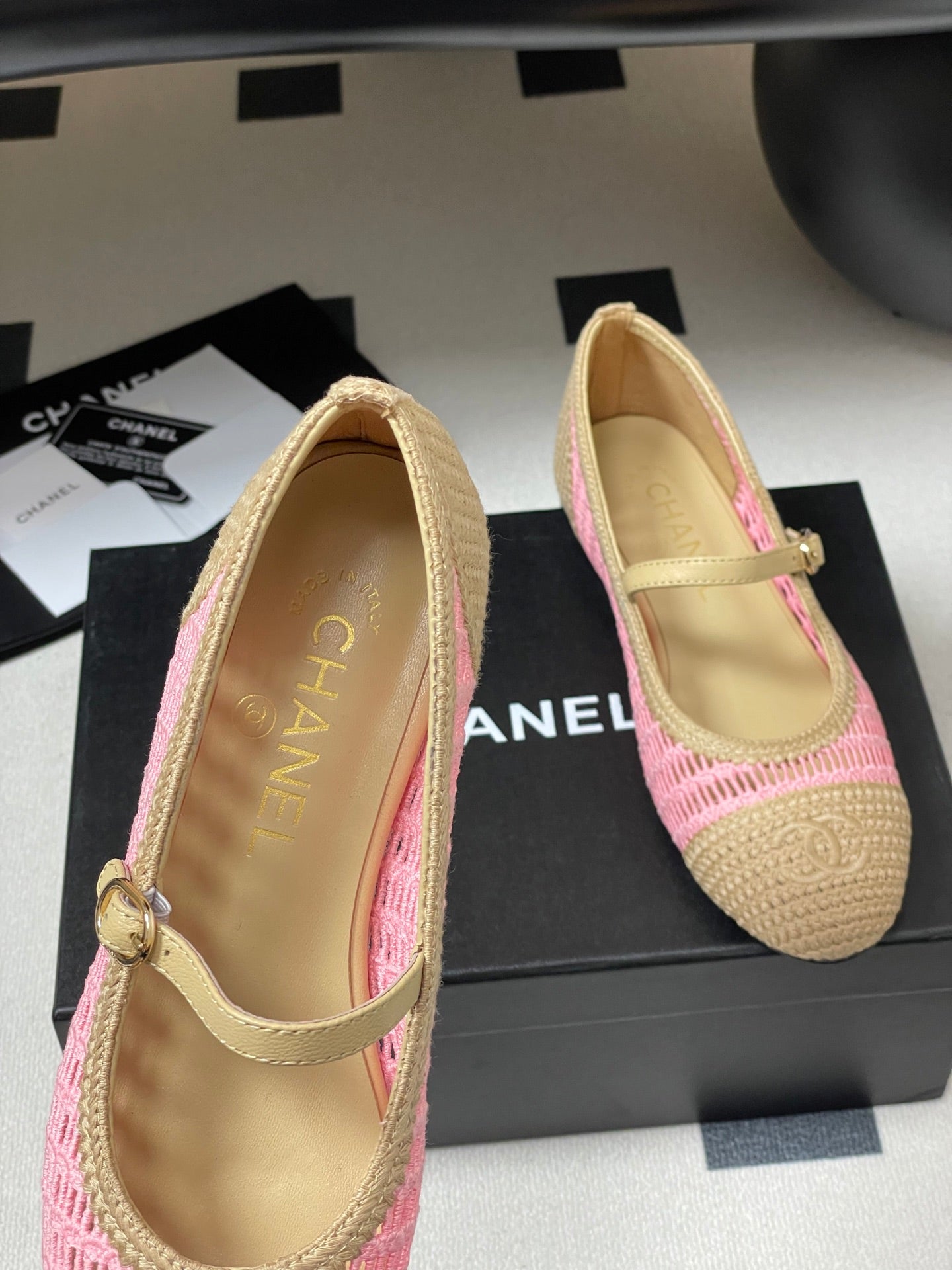 BALLET MARY JANE 10MM IN NATURAL BEIGE AND PINK RAFFIA - 34