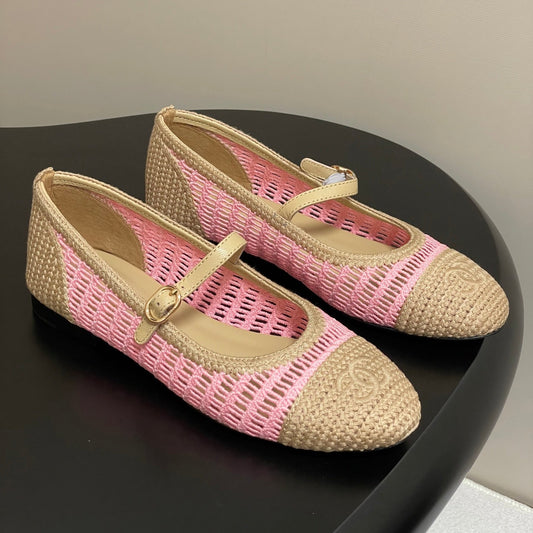 BALLET MARY JANE 10MM IN NATURAL BEIGE AND PINK RAFFIA - 34