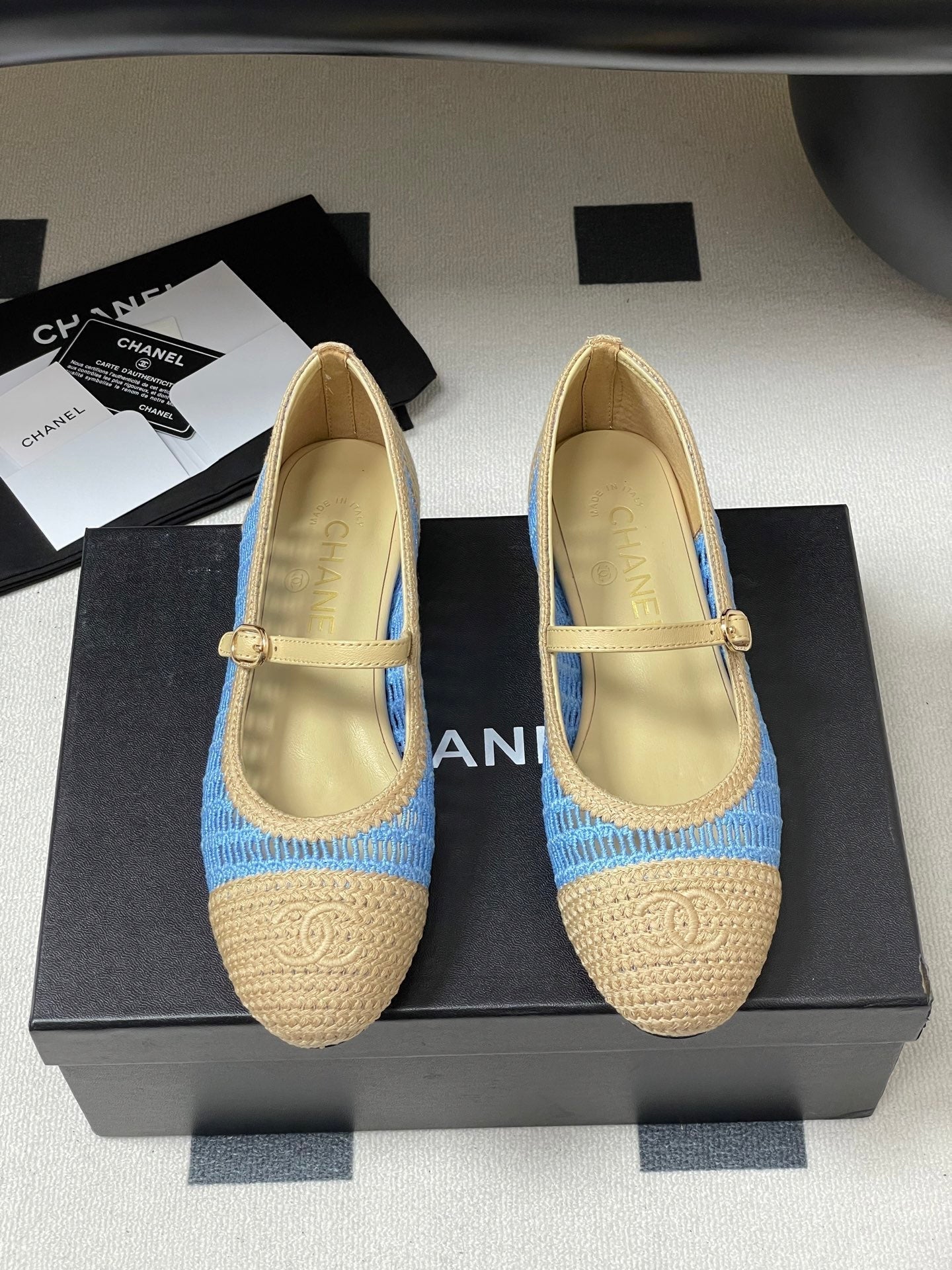 BALLET MARY JANE 10MM IN NATURAL BEIGE AND BLUE RAFFIA - 34