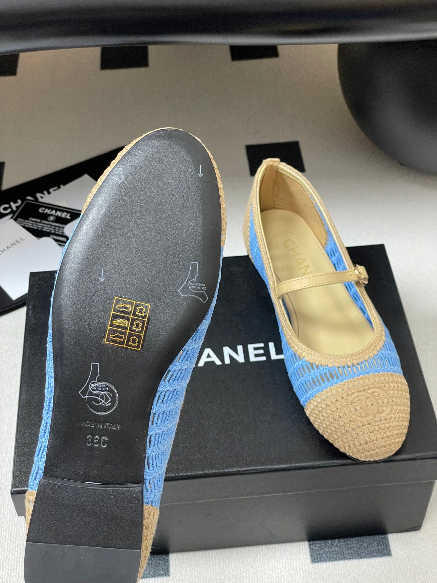 BALLET MARY JANE 10MM IN NATURAL BEIGE AND BLUE RAFFIA - 34