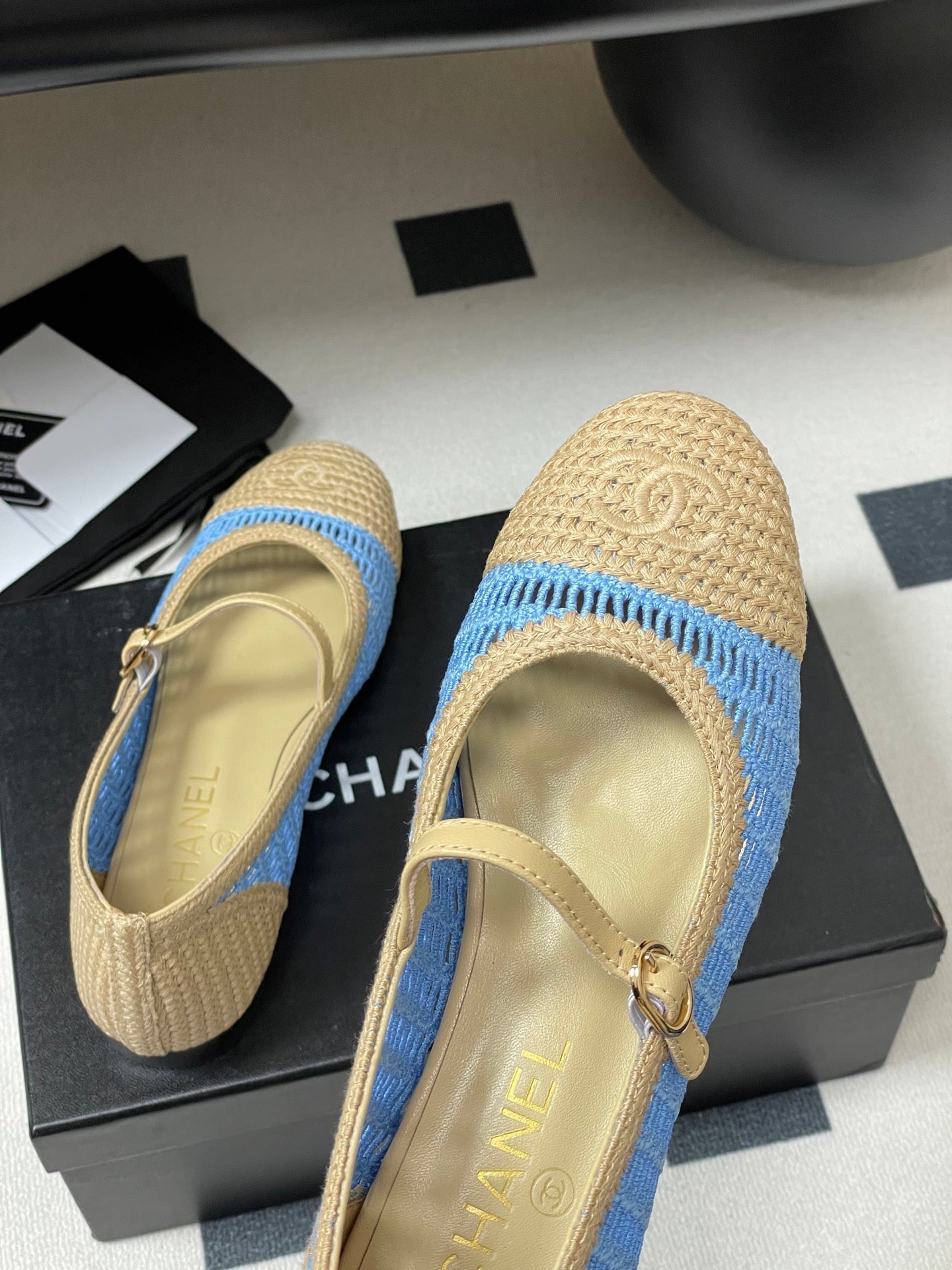 BALLET MARY JANE 10MM IN NATURAL BEIGE AND BLUE RAFFIA - 34