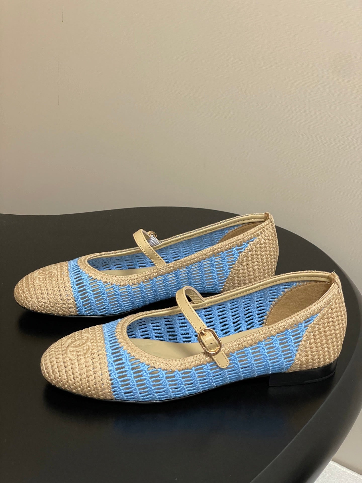 BALLET MARY JANE 10MM IN NATURAL BEIGE AND BLUE RAFFIA - 34