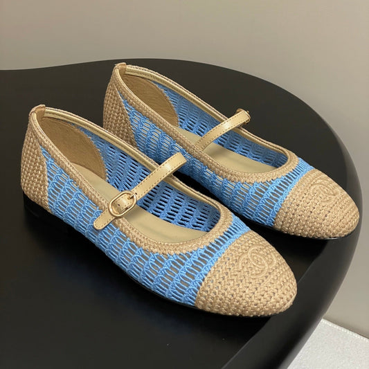 BALLET MARY JANE 10MM IN NATURAL BEIGE AND BLUE RAFFIA - 34