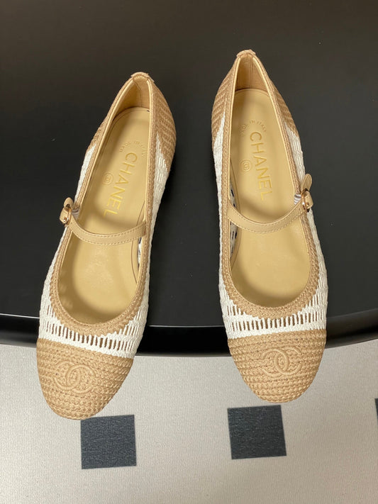 BALLERINAS IN WHITE MIX PEANUT BROWN RAFFIA - 34