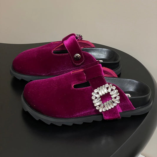 ROGER VIVIER 25S VIV' RANGERS MULES IN DARK MAGENTA VELVET EMBELLISHED CRYSTALS - 35
