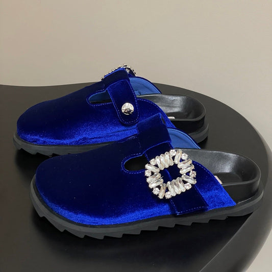 ROGER VIVIER 25S VIV' RANGERS MULES IN DARK BLUE VELVET EMBELLISHED CRYSTALS - 35