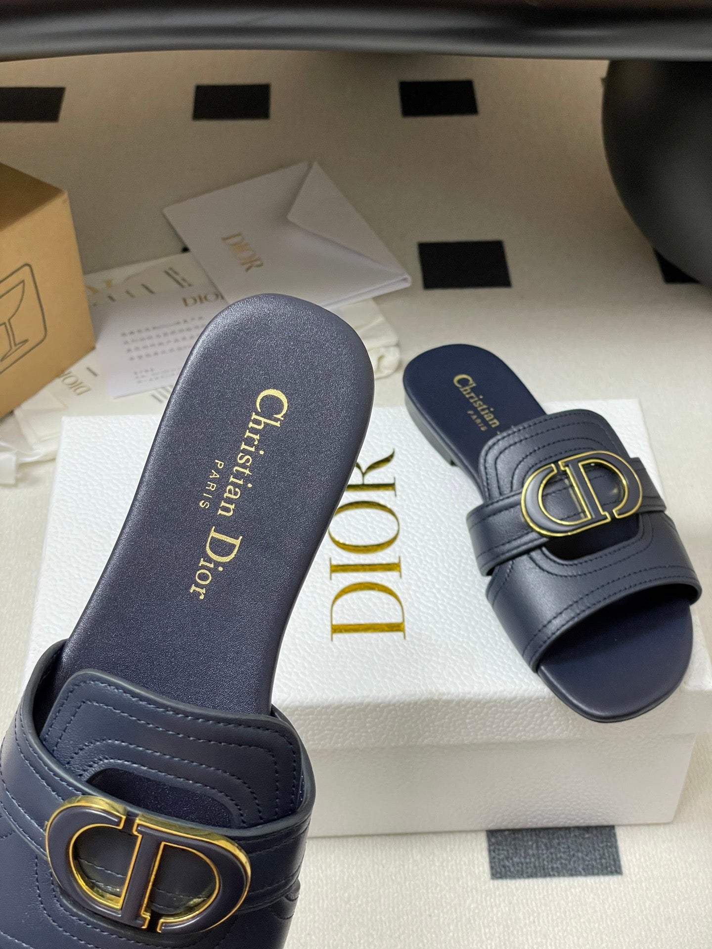 DIOR CLASSIC MONTAIGNE SANDALS 25S IN MIDNIGHT BLUE LAMBSKIN WITH CD LOGO - 34