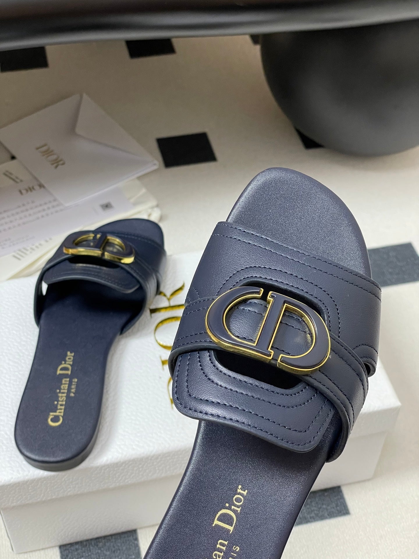 DIOR CLASSIC MONTAIGNE SANDALS 25S IN MIDNIGHT BLUE LAMBSKIN WITH CD LOGO - 34