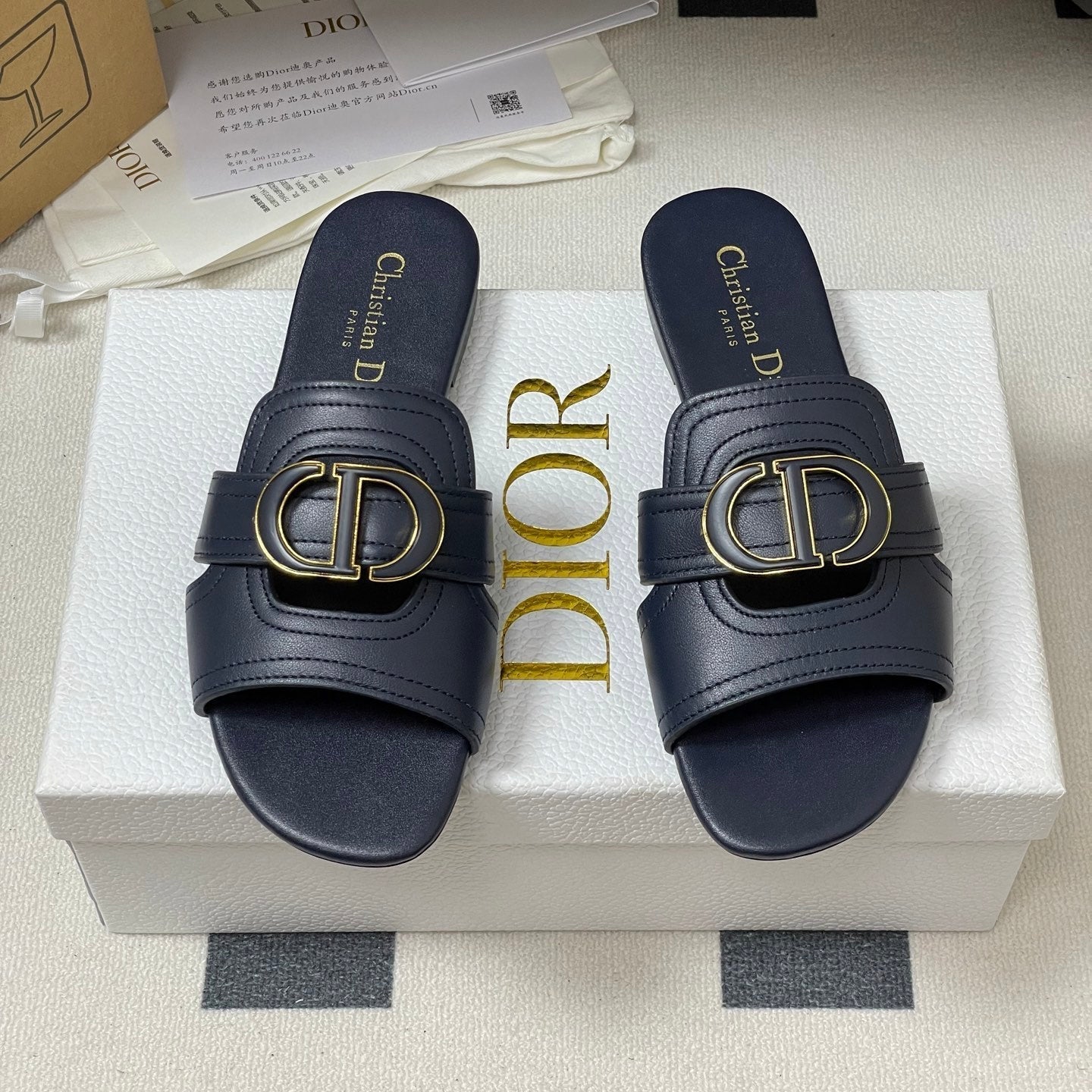 DIOR CLASSIC MONTAIGNE SANDALS 25S IN MIDNIGHT BLUE LAMBSKIN WITH CD LOGO - 34