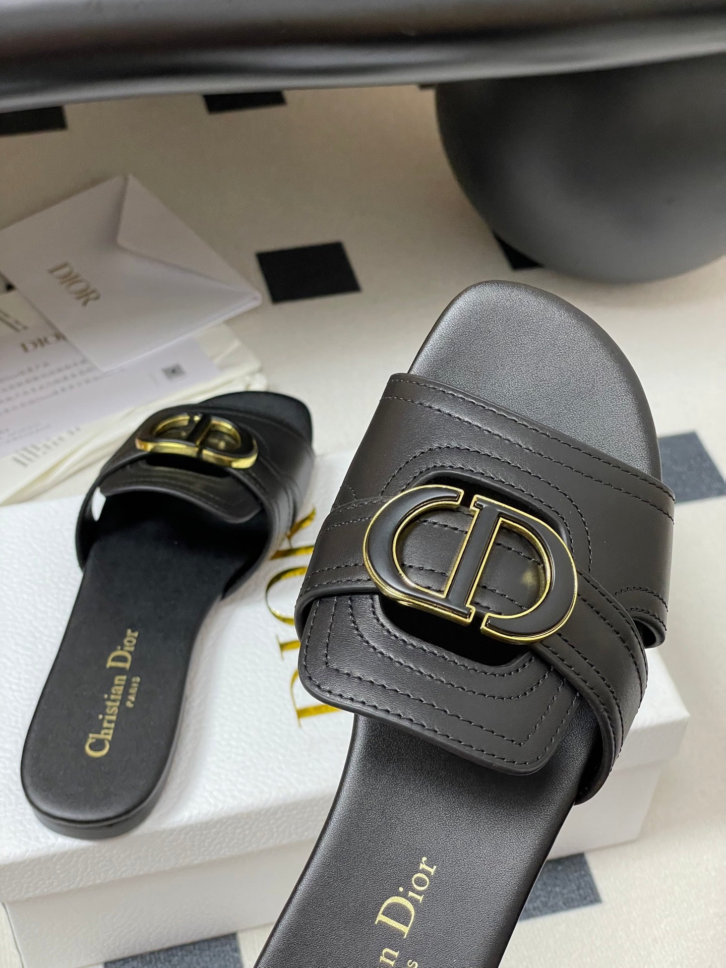 DIOR CLASSIC MONTAIGNE SANDALS 25S IN BLACK LAMBSKIN WITH CD LOGO - 34
