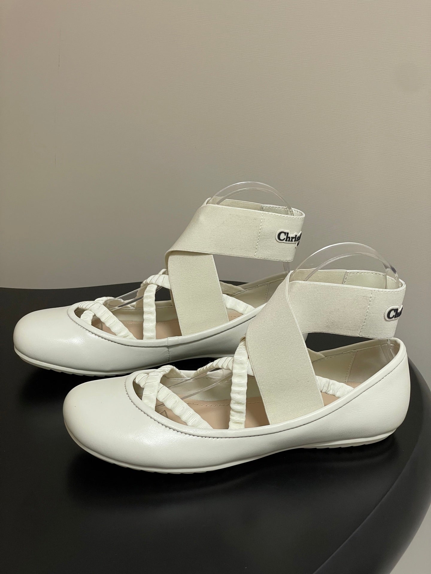 DIOR STRETCH BALLET FLATS 25S IN CREAM WHITE LAMBSKIN WITH CROSSED STRAPS - 35