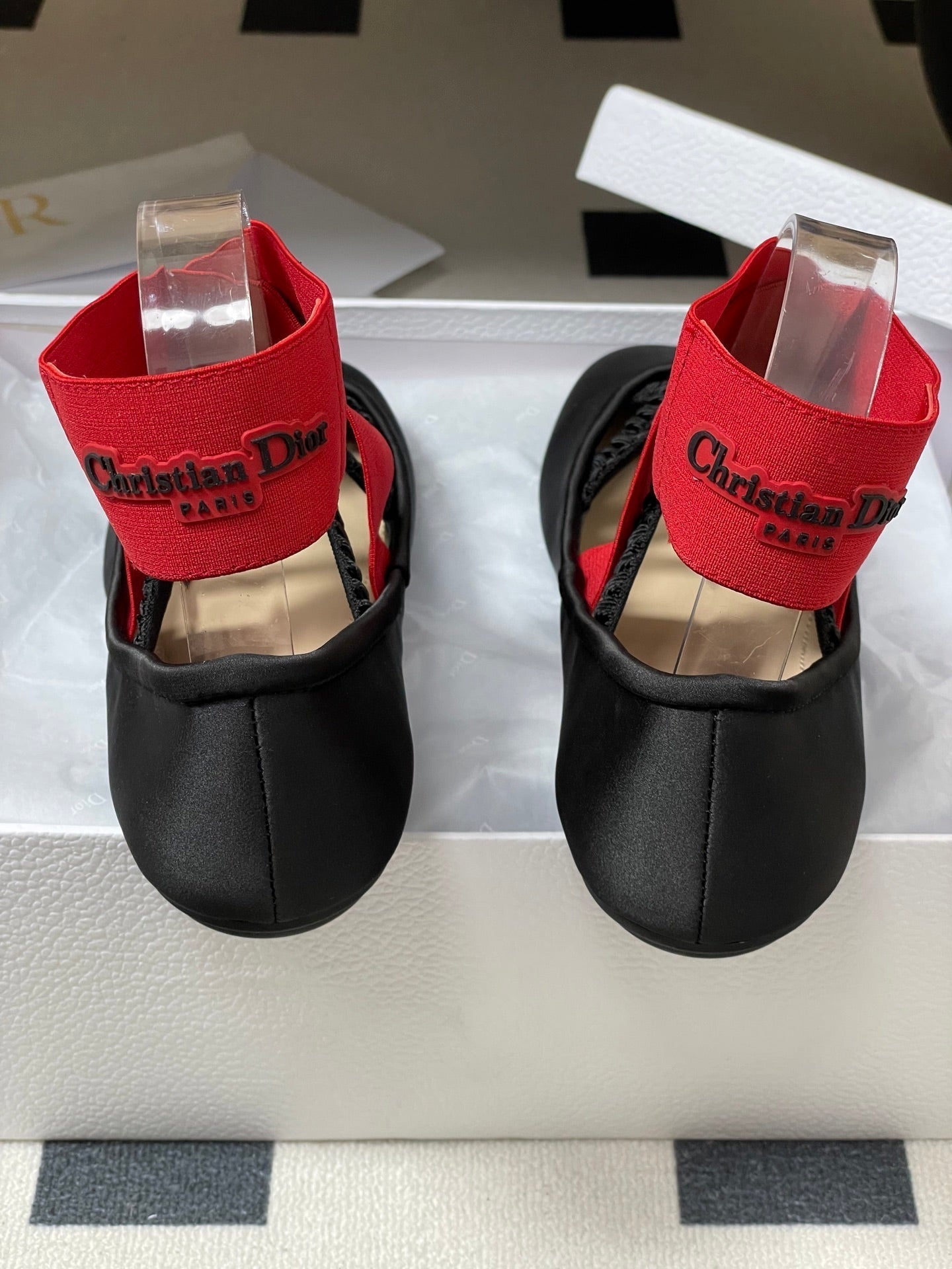 DIOR STRETCH BALLET FLATS 25S IN BLACK MIX RED FABRIC WITH CROSSED STRAPS - 35