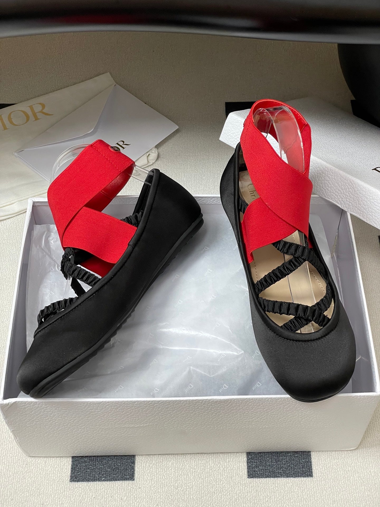 DIOR STRETCH BALLET FLATS 25S IN BLACK MIX RED FABRIC WITH CROSSED STRAPS - 35