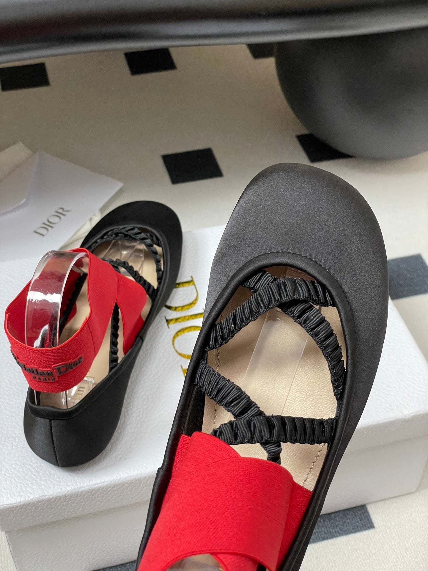 DIOR STRETCH BALLET FLATS 25S IN BLACK MIX RED FABRIC WITH CROSSED STRAPS - 35