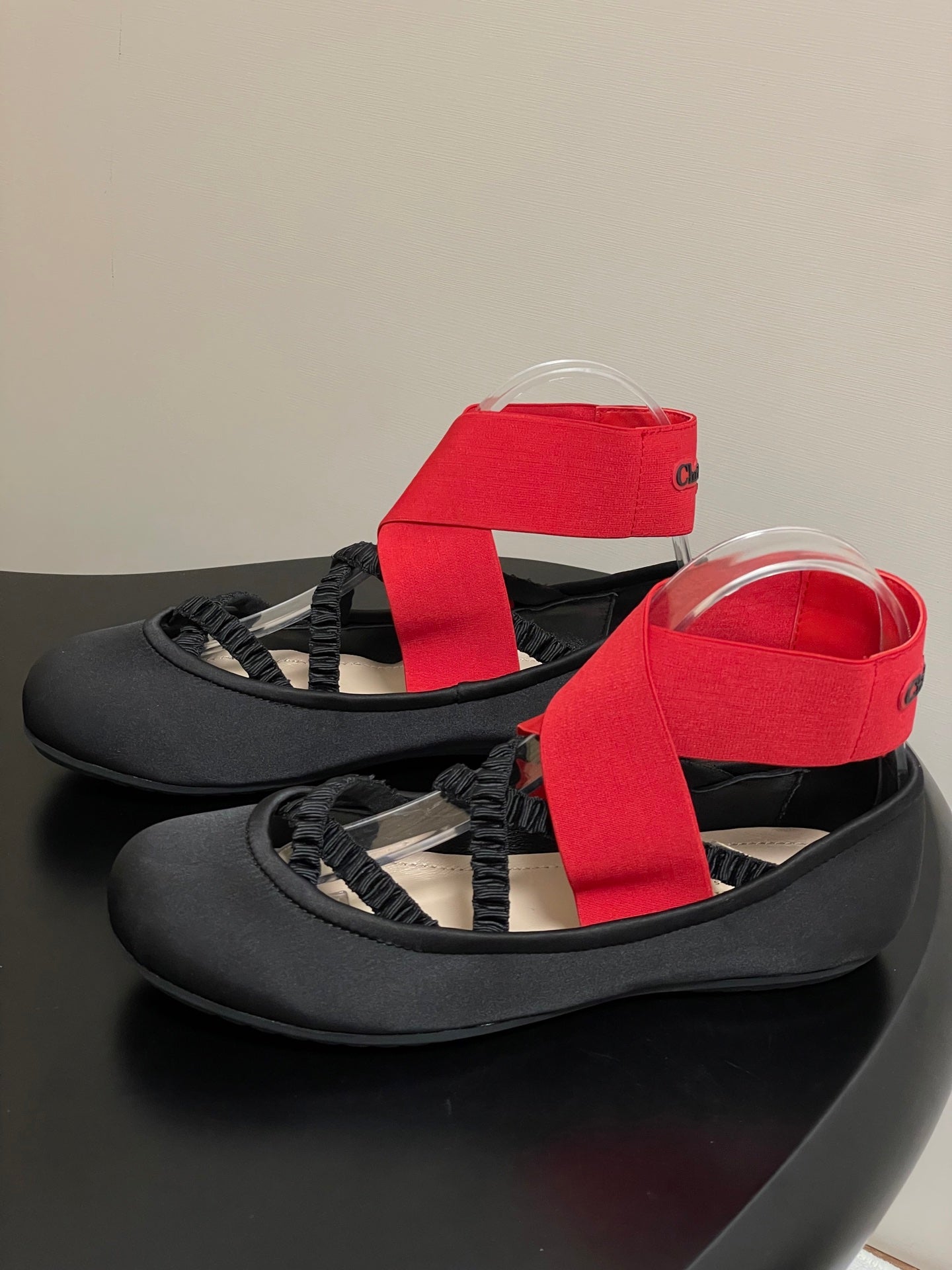 DIOR STRETCH BALLET FLATS 25S IN BLACK MIX RED FABRIC WITH CROSSED STRAPS - 35