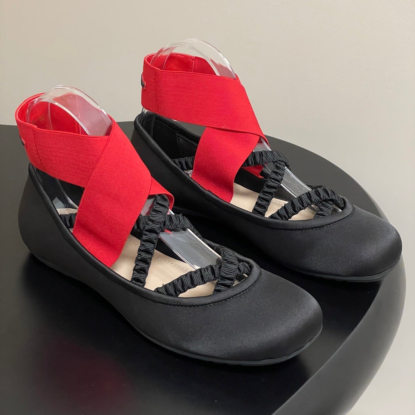 DIOR STRETCH BALLET FLATS 25S IN BLACK MIX RED FABRIC WITH CROSSED STRAPS - 35