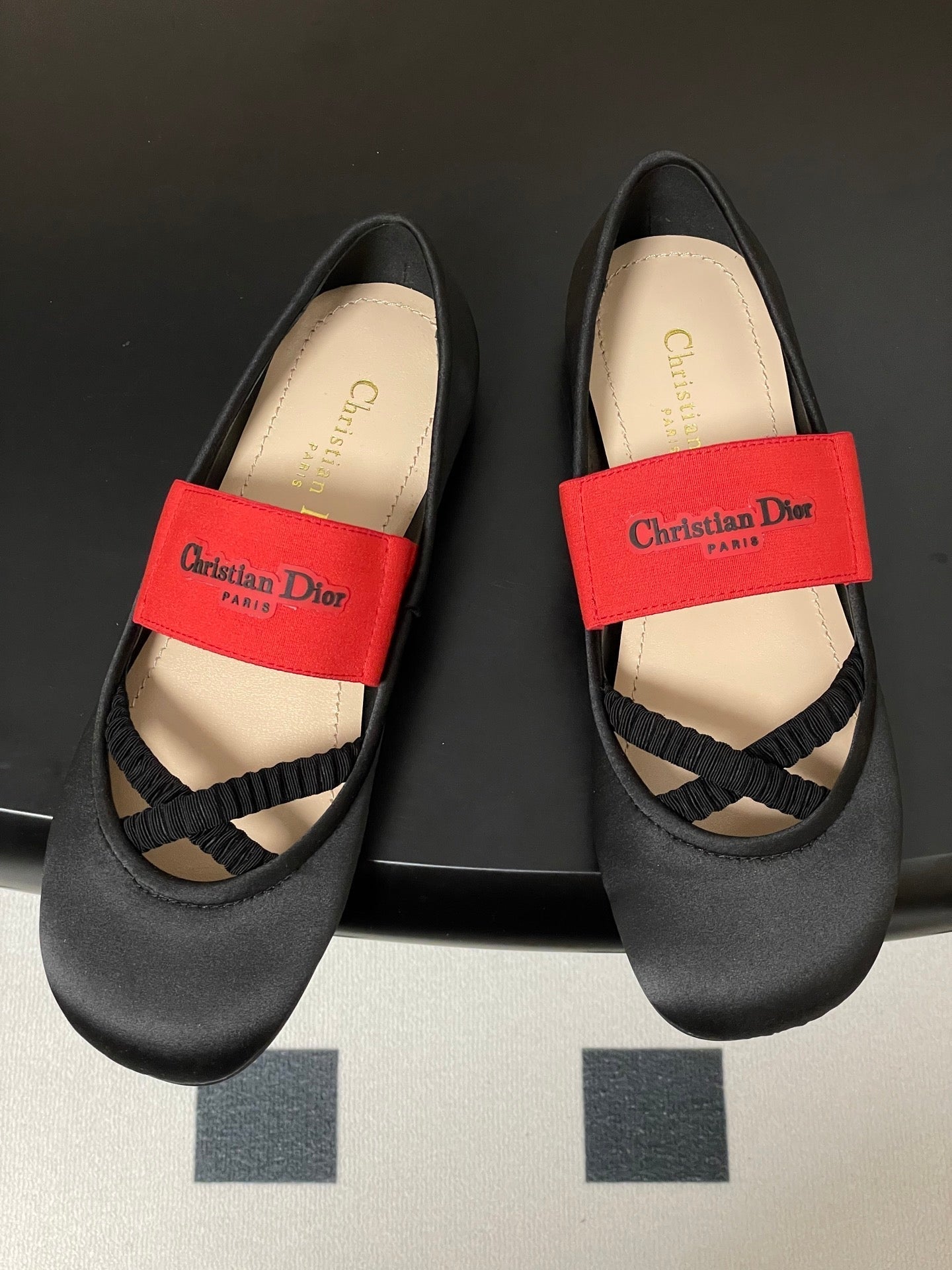 DIOR STRETCH BALLET FLATS 25S IN BLACK MIX RED FABRIC - 35