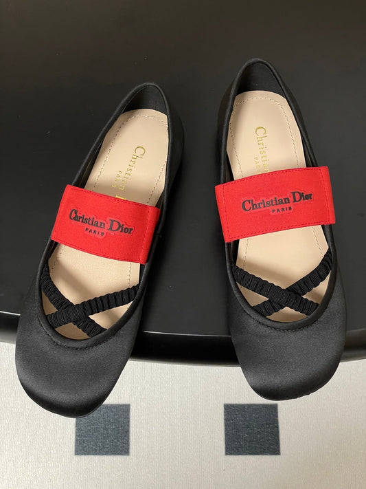 DIOR STRETCH BALLET FLATS 25S IN BLACK MIX RED FABRIC - 35