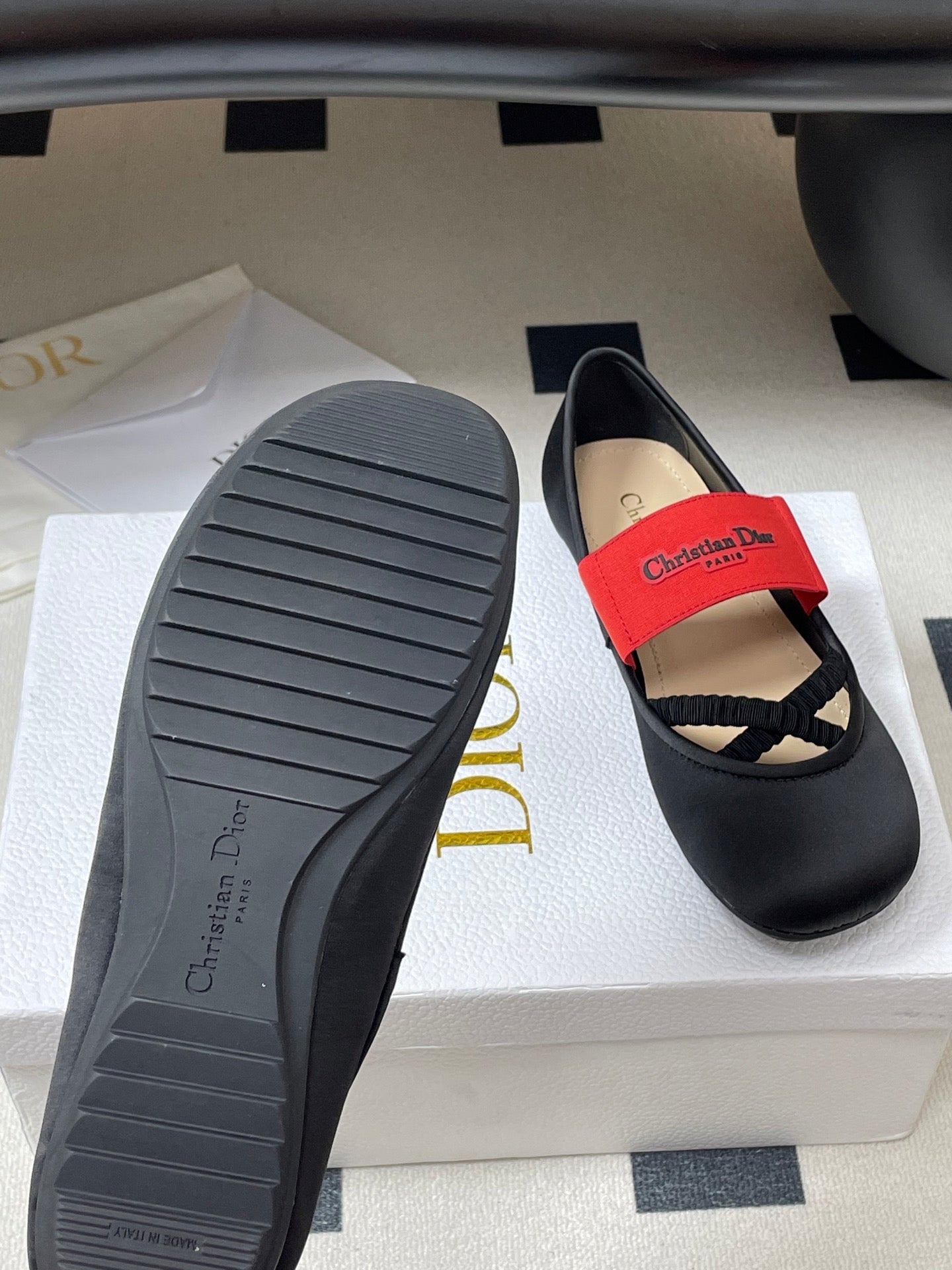 DIOR STRETCH BALLET FLATS 25S IN BLACK MIX RED FABRIC - 35